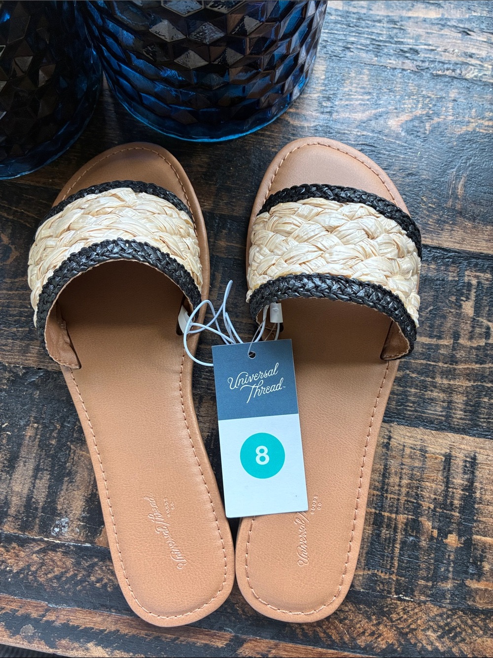 Universal Thread Tan Slide Sandals with Natural Braided Strap and Black Trim 8